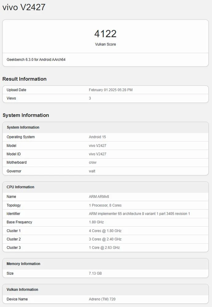 Vivo V50 Geekbench listing Vivo V50 Geekbench listing